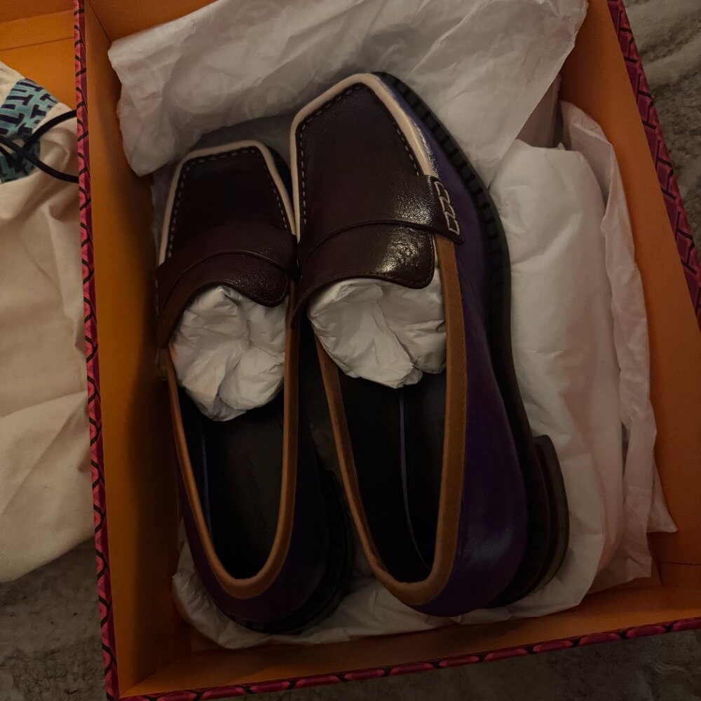 TORY BURCH 70s Square Toe Loafer In Plum/deep Purple/tan Cuoio size 7.5 - Picture 10 of 10